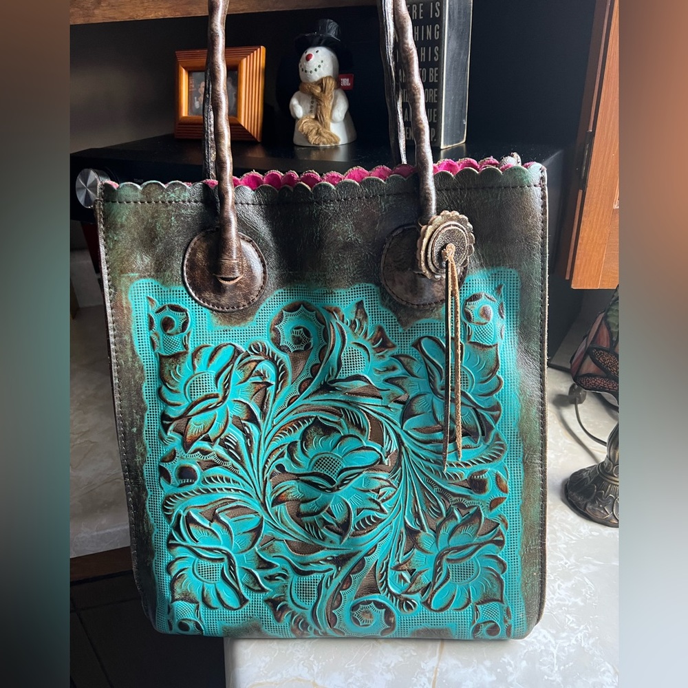 PATRICIA NASH Cavo Tote Tooled Turquoise, 100% Leather